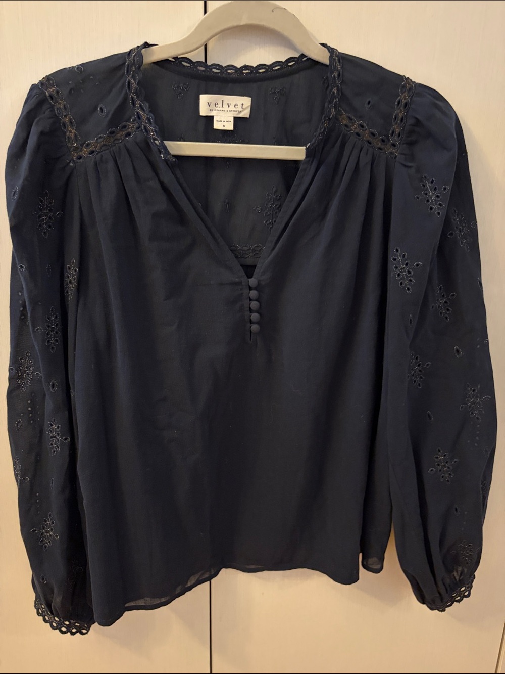 Velvet Navy Eyelet V-Neck Long Sleeve Blouse